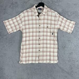 Patagonia Shirt Mens Medium Red Plaid Organic Cotton Short Sleeve Button Up